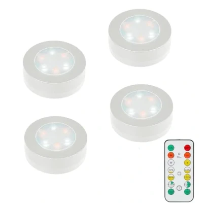 Image of MOUJUCHI Under Cabinet Lights,4 Pack LED Closet Lighting Battery Powered with Remote Control Puck Lights Adjustable Brightness for Wall Stairs Drawer Operated（White