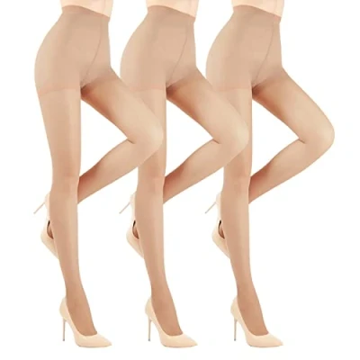 Image of YAGAXI 20D Sheer Tights for Women 3 Pairs Women&#039;s Control Top Pantyhose (Light Nude, XL)