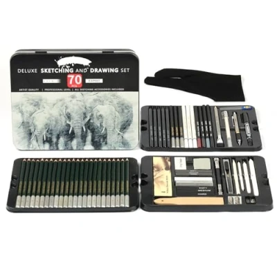 Image of 70Pcs Basic Sketch Pencil and Drawing Art Supplies for Artist Beginner Charcoal Pastels Set