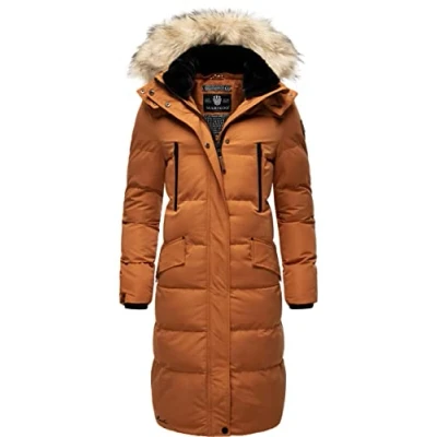 Image of MARIKOO Women&#039;s Winter Coat Warm Quilted Long with Removable Faux Fur and Hood Snow Star XS XXL, Rusty Cinnamon, XL