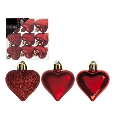 Image of Toyland Pack Of 9 5cm Red Heart Baubles Shiny Matte &amp; Glitter Design Christmas Tree Trims