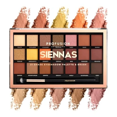 Image of Profusion Cosmetics 21 Shade Eyeshadow Palette Long lasting Cruelty free Bright Pigmented shades Collection &amp; Brush, Siennas