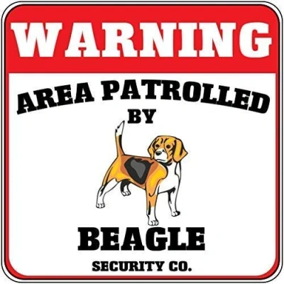 Image of Warning Area Patrolled By Beagle Dog Security Co Crossing Metal Sign 8x12 Inches