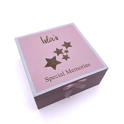 Image of Personalised Vintage Style Baby Girl Pink Wooden Memories Keepsake Box