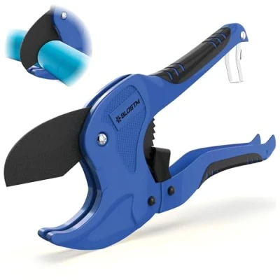 Image of BLOSTM Plastic Pipe Cutter Heavy Duty Ratchet Cutters with 42mm Outside Diameter Cutting Capacity for PVC PEX PPR Pipes &amp; Rubber Hoses, Ergonomic Non Slip Handle Safety Lock (Blue)