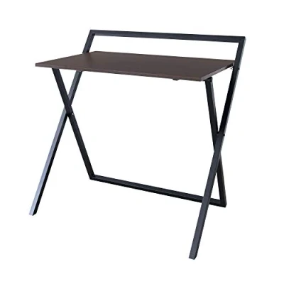 Image of VERSANORA Teamson Home 34″ Easton Modern Wooden Folding Office Computer Desk, Study Writing Table with Metal Cross Legs in Brown/Black