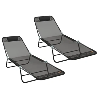 Image of vidaXL Folding Sun Loungers 2 pcs with Headrest Black Textilene