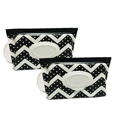 Image of Portable Baby Wet Wipe Pouch Bags, Reusable &amp; Refillable Wipes Dispenser, Eco Friendly Lightweight Travel Holder (2 Pack, Black Wave)