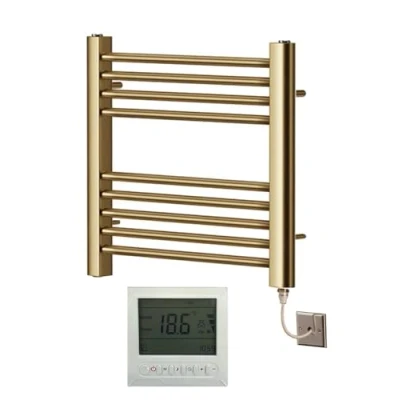 Image of Greened House Electric Brushed Brass Straight Heated Towel Rail 400mm Wide x 600mm High Flat Radiator + Timer and Thermostat