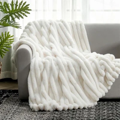 Image of FASCINATDECO Thick Rabbit Plush Throw Blanket Super Soft Cozy Fuzzy Faux Fur Double Layer Fabric Fluffy Blankets Warm Bed Throws for Couch Sofa, Striped White, 100x160cm