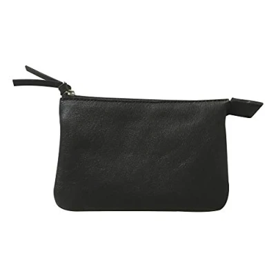 Image of Clairefontaine Ref 410003C Cuir&#039; Small Flat Pencil Case With 2 Compartments 13 x 9cm, Made From Genuine Lambskin Leather, Metal Zip Leather Puller Black