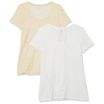 Image of Amazon Essentials Women&#039;s Classic Fit Short Sleeve Scoop Neck T Shirt (Available in Plus Size), Pack of 2, Tan Animal Print/White, XXL