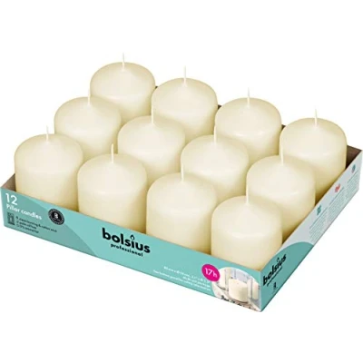 Image of Bolsius Short Pillar Candles 3 inch (Pack of 12), Ivory, Size: 60(Dia) x 80(H)mm, Up to 22 Hours Burn Time per Candle, Low Smoke Wax, CR448