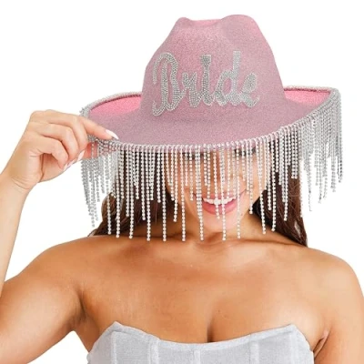 Image of Ginger Ray Embellished Diamante &#039;Bride&#039; Pink Glitter Cowboy Hat with Tasselled Rim Hen Party Wearable