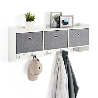 Image of Mondeer Coat Rack with Shelf, Storage Unit Wall Mounted 3 Baskets 5 Hooks Wooden Modern Style for Hallway Entryway Living Room, W98 x H40 D22 cm, White