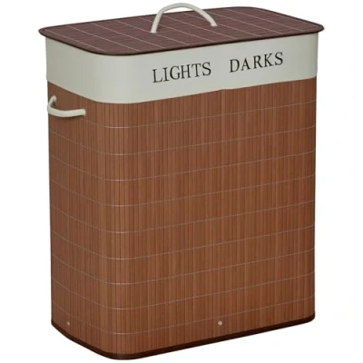 Image of HOMCOM 100L Laundry Basket with Lid String Handles, 2 Section Collapsible Hamper Removable Lining Foldable Water Resistant Dirty Clothes Storage, Brown