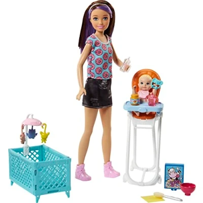 Image of Barbie FHY98 FAMILY Babysitter Brunette Doll with Baby and Accessories, A Highchair Playset, Multi Colour, 0