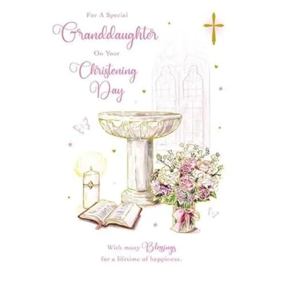 Image of Paper Rose Special Granddaughter Christening Congratulations Card Bible, Flowers and Font with Foil Details Eco Friendly Recyclable