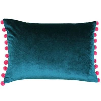 Image of Riva Paoletti Fiesta Rectangular Cushion Cover Teal Blue Berry Pink Pompom Edges Faux Velvet Reversible Zip Closure 100% Polyester 35 x 50cm ( 14&quot; 20&quot; inches)