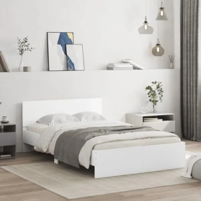 Image of vidaXL Double Bed Frame with Headboard Engineered Wood White Home Base Bedstead for Bedroom, 135x190 cm Mattress Size, Modern Design, Plywood Slats