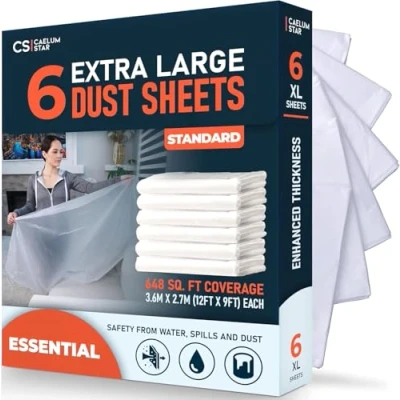 Image of CS 6 Pack Extra Large Plastic Dust Sheets for Decorating 3.6 x 2.7m (12 9ft), Standard Sheet Painting &amp; Furniture, Sheeting Tools