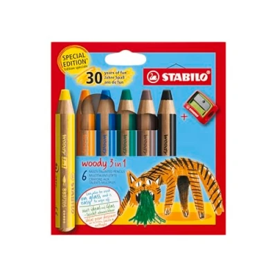 Image of STABILO woody 3 in 1 Multi Talented Pencil Pack of 6 Birthday Edition Tiger Assorted Colours with Sharpener