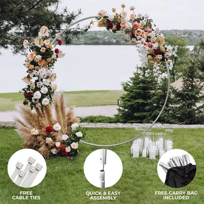 Image of Wedding Moongate Arch Silver 2m/ 200cm Moon Gate Arbour Round Outdoor Decor Background Flower Balloon Circle Hoop Frame Backdrop Party Decoration Prop Floor Standing Baby Shower Birthday Christening
