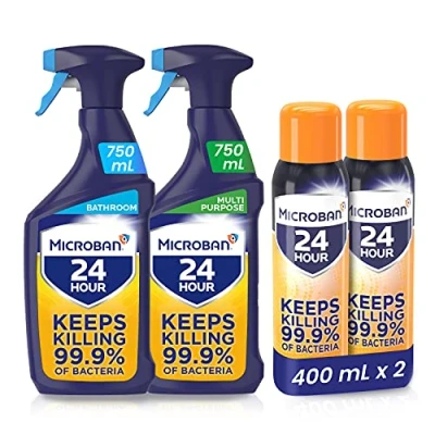 Image of Microban 24 Antibacterial Cleaning Bundle: Bathroom Surface Cleaner Spray (750 ml) + Multi Purpose Aerosol Disinfectant (400 ml x 2)