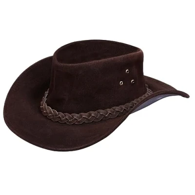Image of Australian Brown Western Style Cowboy Outback Real Suede Leather Aussie Bush Hat