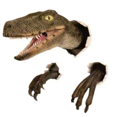 Image of Closer 1 PCS Velociraptor Statue Wall Resin Mount Dinosaur Sculpture Hanging Ornament As Shown for Indoor and Outdoor