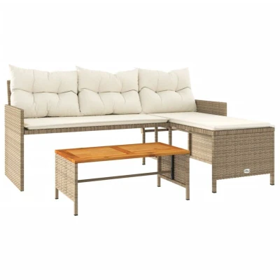 Image of vidaXL Outdoor L Shaped Poly Rattan Garden Sofa Set Beige with Cream White Cushions, Tempered Glass Tabletop, Easy Maintenance for Patio/Deck