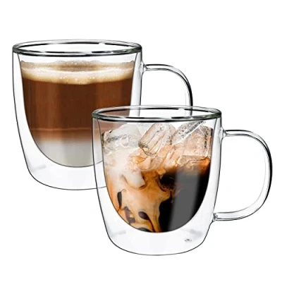 Image of Vinsani VITRUM Double Walled Coffee Drink Glasses Tea Cup Mug 400ml Set of 2 Heat Cold Resistant Aesthetic Clear Borosilicate Glass with Handle Cappuccino Latte Dessert Hot and Drinks