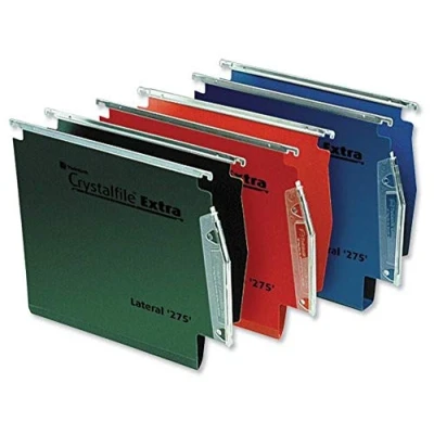 Image of Rexel 275 Lateral Hanging Files with Tabs and Inserts, 15 mm V base, Polypropylene, Red, Crystalfile Extra, Pack of 25, 70638