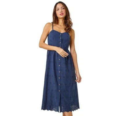 Image of Roman Womens Cotton Blend Embroidered Stretch Dress Navy Size 20 UK