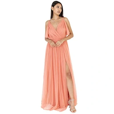 Image of Anaya with Love Women&#039;s Ladies Women Long Length Maxi Short Sleeve Cami V Neckline Empire Waist Bridesmaid Dress, Coral Pink, 16 UK