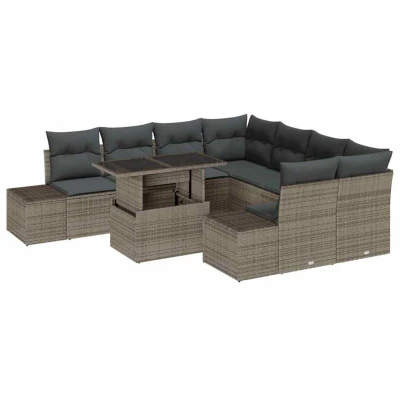 Image of vidaXL 9 Piece Garden Sofa Set with Cushions Grey Poly Rattan