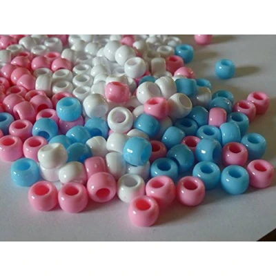 Image of 100 x Pony Beads 9mm 6mm Baby Mix Blue, White Pink Plastic Barrel Craft