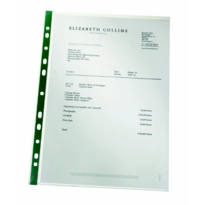 Image of Leitz Premium Everyday Punched Pocket with Green Strip, Pack of 100, Holds up to 20 A4 sheets, Transparent, 80 Micron PP Material, 47710002