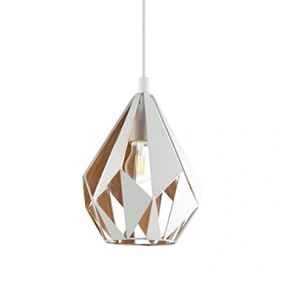 Image of Eglo Carlton 1 Vintage Pendant Lamp, Retro White and Golden Steel Hanging Light, Dinging Living Room Ceiling Lighting, E27 Socket, Ø 8 inches