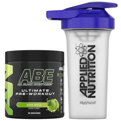 Image of Applied Nutrition Bundle ABE Pre Workout 375g + 700ml Protein Shaker All Black Everything Powder, Energy &amp; Physical Performance with Creatine, Beta Alanine (Sour Apple)
