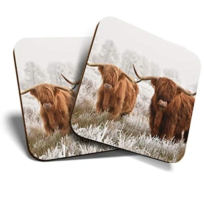 Image of Great Coasters (Set of 2) Square/Glossy Quality Coasters/Tabletop Protection for Any Table Type Winter Highland Cow Scotland #14591