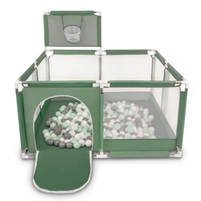 Image of Selonis Square Play Pen Filed with 100 Balls Basketball, Green:White/Grey/Mint
