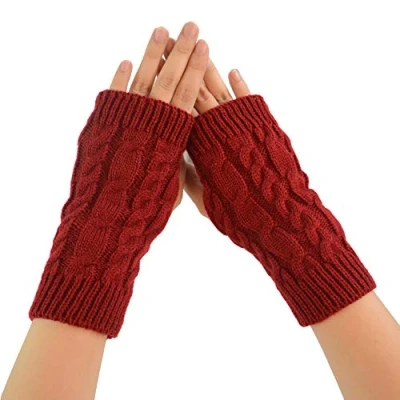 Image of Women Fingerless Gloves, Girl&#039;s Wrist Arm Hand Warmer Half Finger Gloves Winter Warm Knitted Mitten (Red)