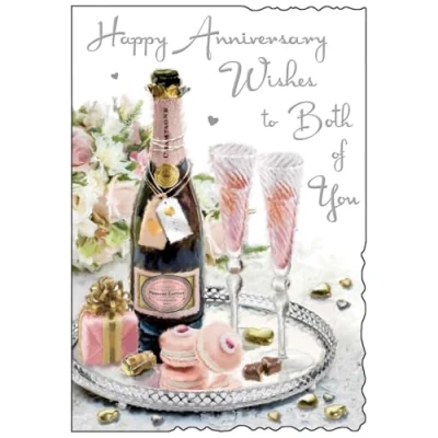 Image of Jonny Javelin Happy Anniversary Card Pink Champagne &amp; Flowers 9x6.25&quot;