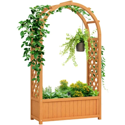 Image of Outsunny Wooden Raised Garden Bed with Arch Trellis, Fabric Liner, Planter Box Drainage Holes, Trellis for Vine Climbing Plants, Flowers, Herbs, Vegetables, 83 x 36 145 cm