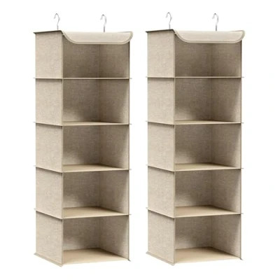 Image of SONGMICS Hanging Wardrobe Storage Organisers, Set of 2, Shelves, Foldable Clothes Space Saving, Metal Hooks, Bamboo Inserts, Linen Pattern, Sand Beige RCH005Y02