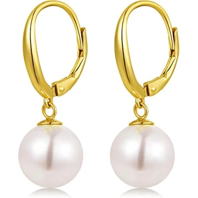 Image of Pearl Dangle Earrings Sterling Silver 10mm Leverback Women Drop Hypoallergenic for
