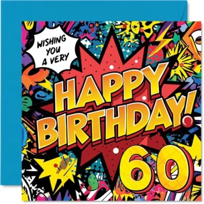 Image of 60th Birthday Cards for Women Men Comic Book Pow! Happy Card 60 Year Old Woman Man Dad Nan Auntie Uncle, 145mm Bday Greeting