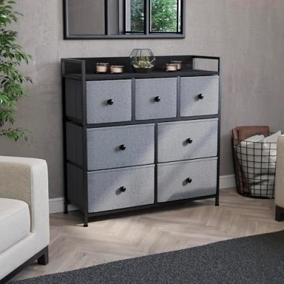 Image of Vida Designs Chorley Chest of Drawers with Sturdy Metal Frame, Wood Top, and Fabric Drawers, Easy to Assemble Versatile Storage Unit for Bedroom, Living Room, or Nursery (Grey &amp; Black)