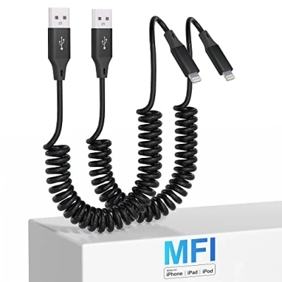 Image of Coiled Lightning Cable 2 Pack, Apple Carplay &amp; MFi Certified, Retractable iPhone Charger with Data Transmission, Short Cord for iPhone/Pad/Pod